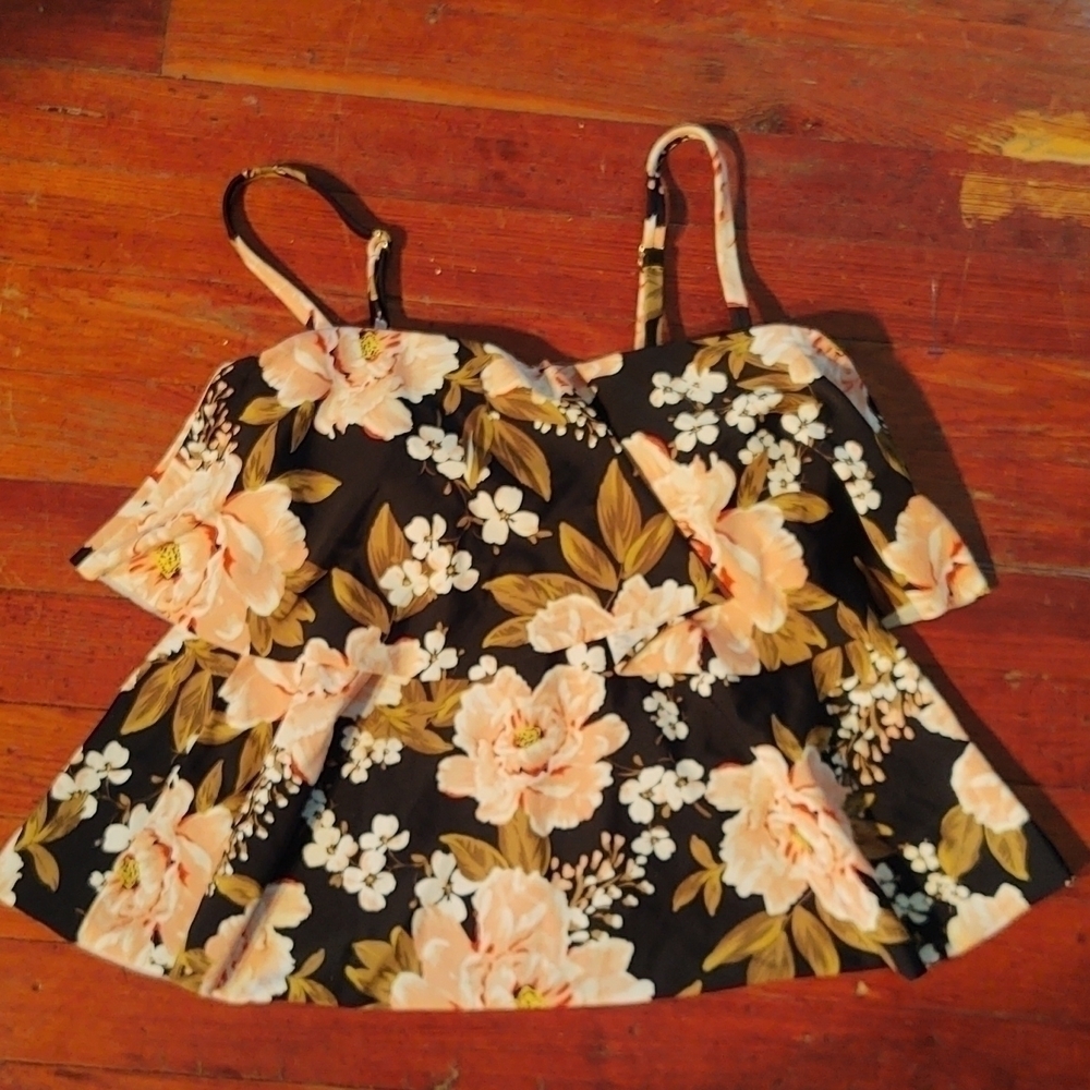Kona Sol Ruffle Floral Tankini Top Sz S